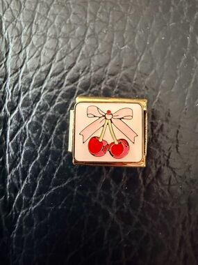 Cherry Bow Enamel Italian Charm - gold tone